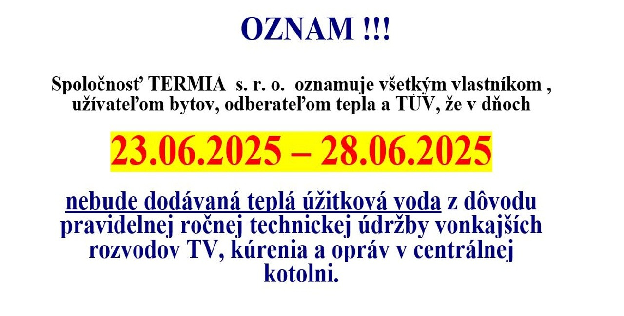 Oznam o pravidelnej ročnej technickej údržbe