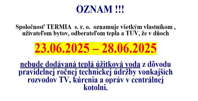 Oznam o pravidelnej ročnej technickej údržbe